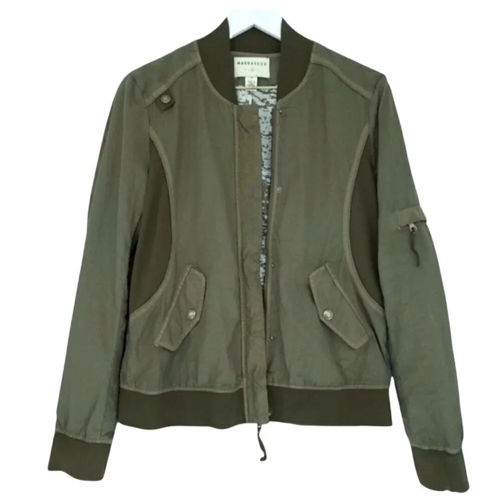 Anthropologie Marrakech Vista Bomber Jacket Green Brown Full Zip Pockets Size XS